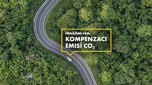 Auto jede po silnici mezi lesy.