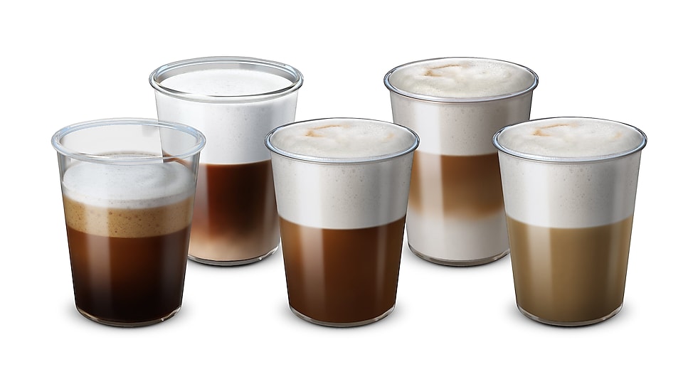 Pět různých druhů kávy: Espresso s mlékem, Espresso macchiato, Cappuccino, Latte Macchiato, Flat White. 