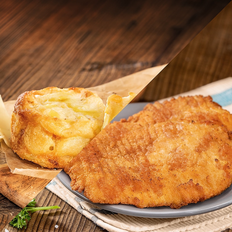 Obrázek gratinovaných brambor vlevo a kuřecího řízku vpravo.