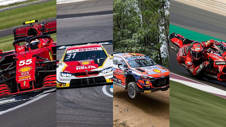 Obrázek rozdělený na čtyři části zobrazující různé týmy motorsportu – Scuderia Ferrari, BMW, Hyundai a Ducati.