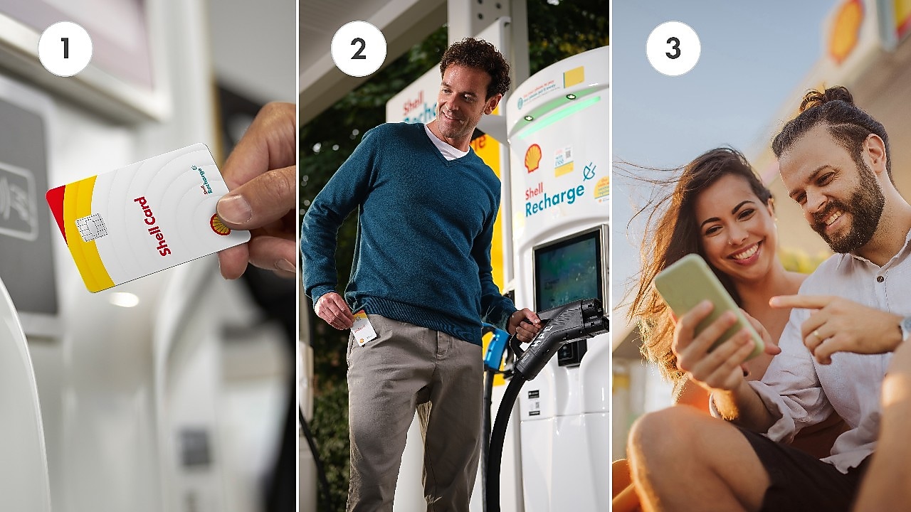Tri kroky elektrického nabíjania. Shell karta, nabíjanie, mobilná platba.