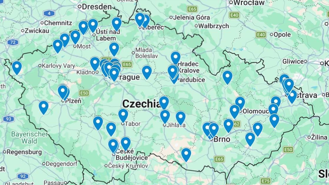 Mapa ČR se stanicemi s Billa Stop & Shop