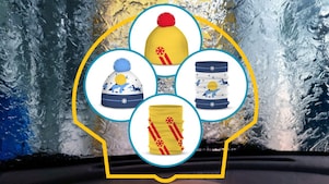 Obrázek mokrého okna, v kroužkách jsou ukázané produkty Fusakle