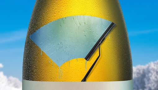 Na vizuálu vidíme žlutou lahev vína, na které je modře vyznačena plocha stěrače oken