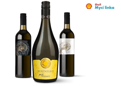 Vizuál tří vín na bílém pozadí + logo Shell Mycí linka vpravo nahoře