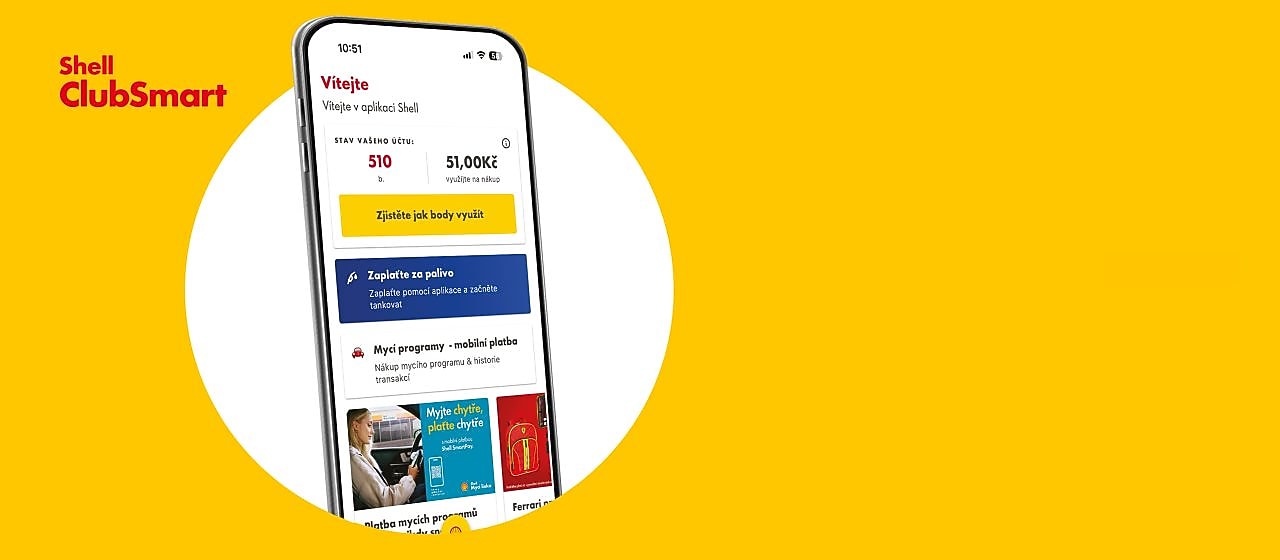 Vizuál mobilu s otevřenou aplikací Shell na žlutém pozadí s bílým kroužkem
