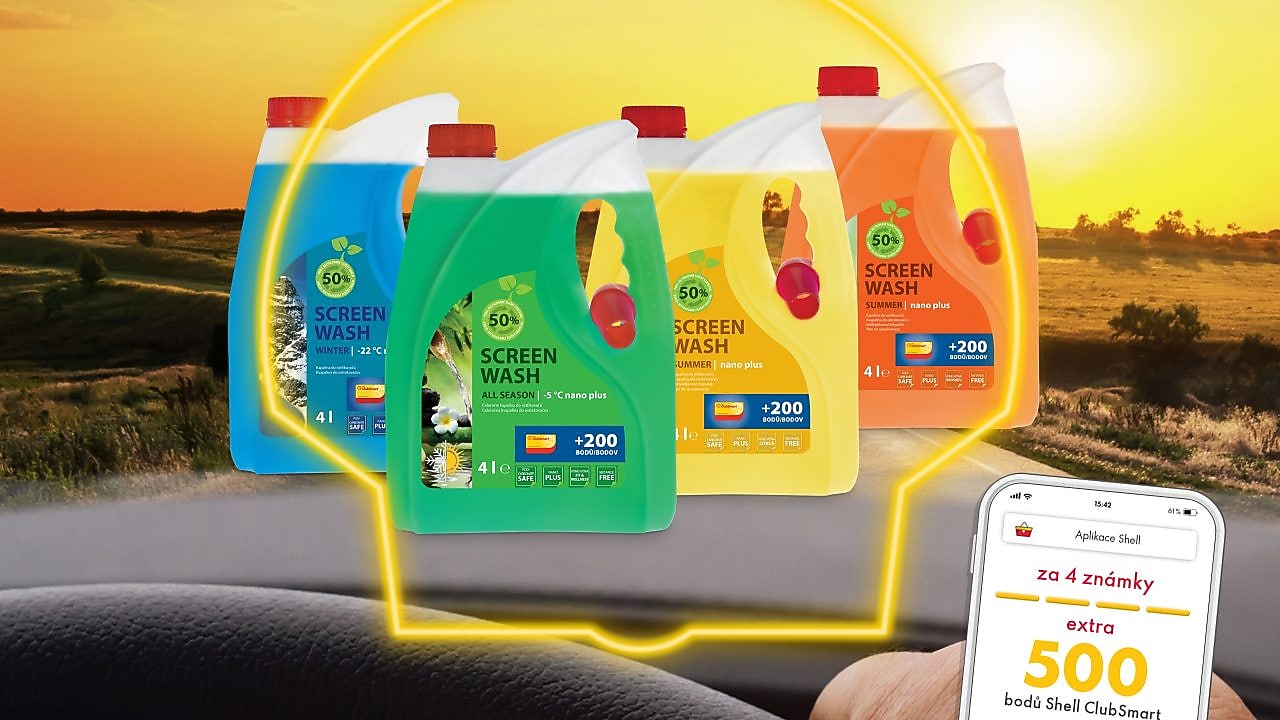 screenwashů, vlevo je obrázek mobilu s aplikací Shell ClubSmart