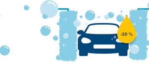 Modrá ikonka auta v mycím boxu. Vpravo je žlutá kapka s textem: -30 %