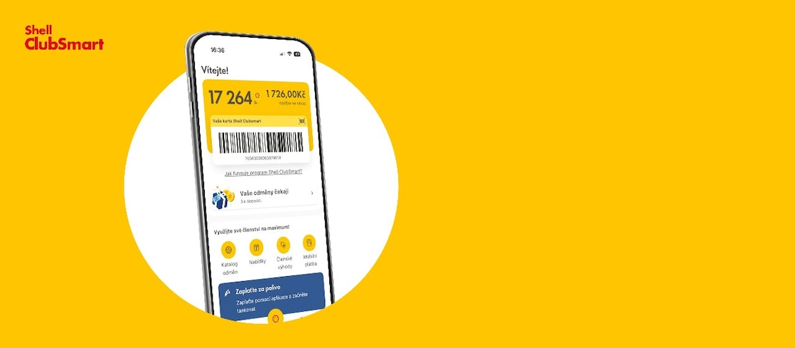 Vizuál mobilu s otevřenou aplikací Shell na žlutém pozadí