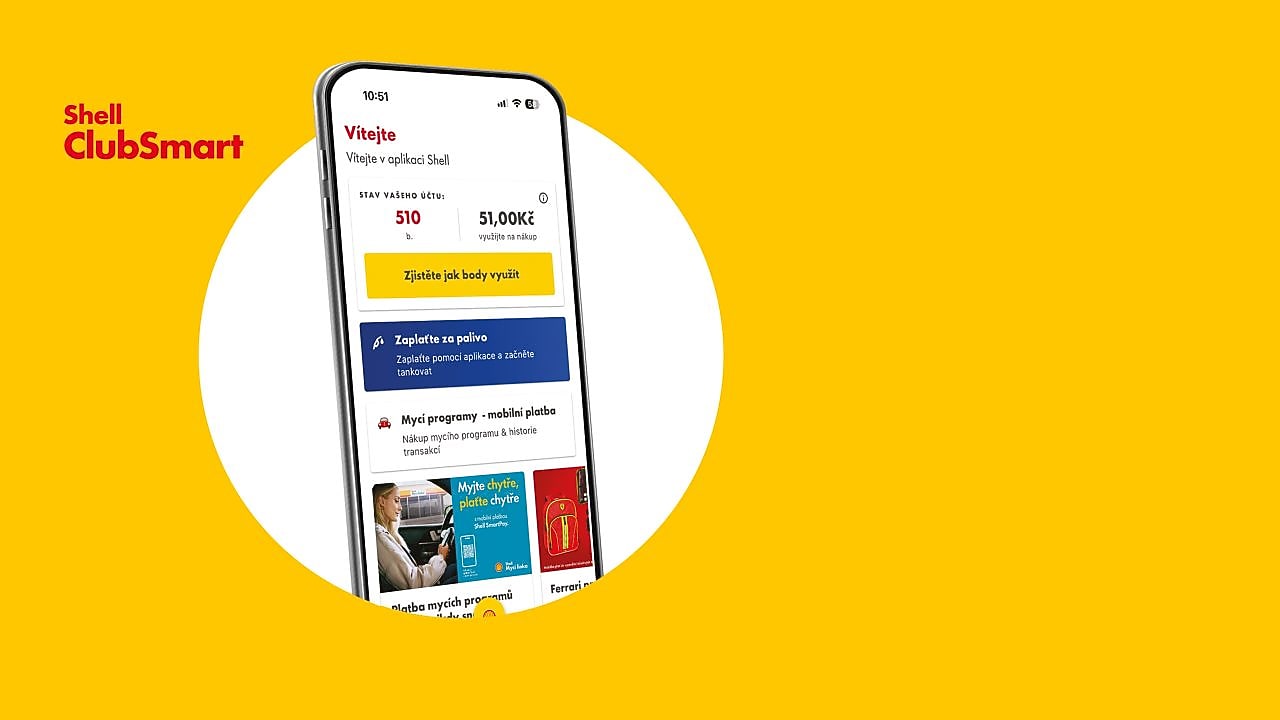 Obrázek mobilu s otevřenou mobilní aplikací Shell na žlutém pozadí