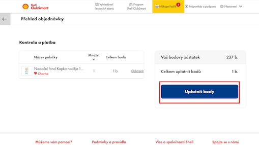 4. Zkontrolujte objednávku a potvrďte ji kliknutím na „Uplatnit body“.