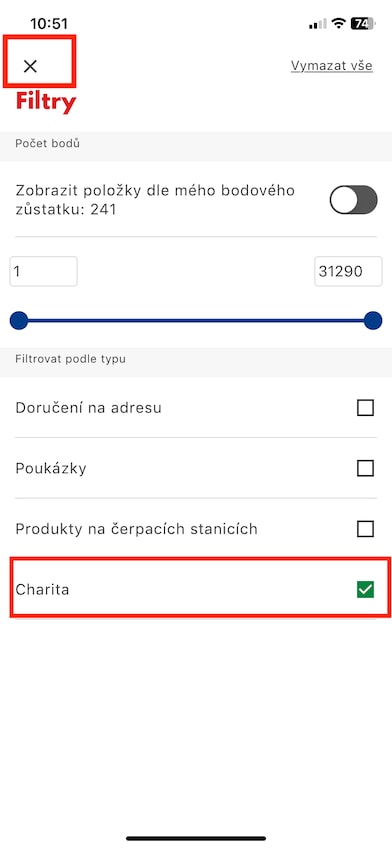 3. Ve filtru zaškrtněte „Charita“ a poté zavřete křížkem