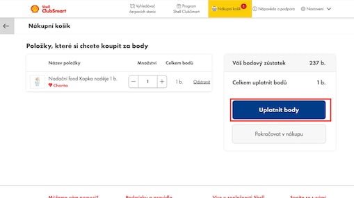3. Potom klikněte na ,,Nákupní košík”. V nákupním košíku zvolte množství a klikněte na „Uplatnit body“.